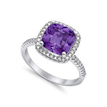 Halo Engagement Ring Accent Cushion Simulated Amethyst CZ 925 Sterling Silver